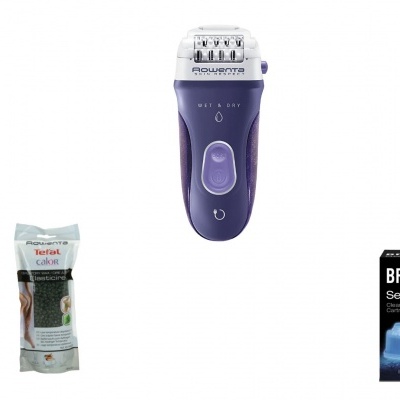 Produtos para cuidados pessoais incluindo máquina de cortar cabelo, toalhitas, depilador e cartuchos de limpeza