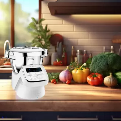 Robot de cozinha branco com taça metálica e legumes frescos numa bancada de madeira