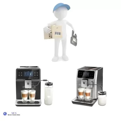 Duas máquinas de café WMF PERFECTION com copos de latte macchiato e jarro de leite, figura branca com caixa e leitor de código