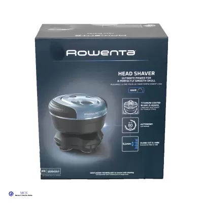 Embalagem do aparelho de barbear Rowenta Head Shaver em preto e azul