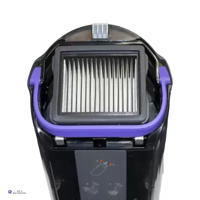 Filtro de aspirador preto com estrutura roxa e filtros internos brancos