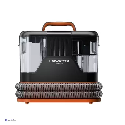 aspirador de pó Rowenta preto com detalhes laranja e tubo flexível enrolado