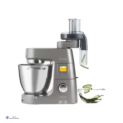 Robot de cozinha multifunções cinza metálico com taça de metal e processador de alimentos