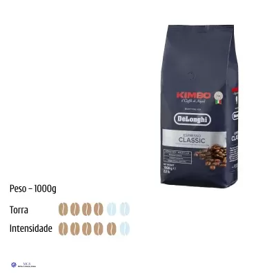 Pacote preto de café Kimbo DeLonghi Espresso Classic 1000g com torra e intensidade indicadas