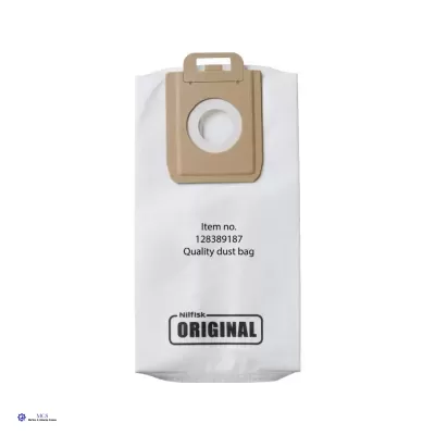 Saco de pó branco com suporte rígido bege e texto impresso preto