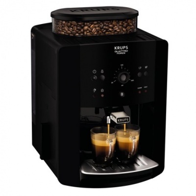 Máquina de café espresso automática KRUPS preta com duas chávenas de café