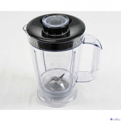 Jarro transparente de liquidificador com tampa preta e pega translúcida