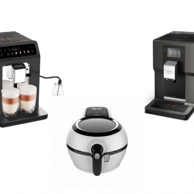 Máquinas de café expresso e fritadeira elétrica sobre fundo branco