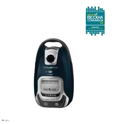 Aspirador de pó Rowenta preto e prateado com selo de marca nº1 escolha consumidor 23