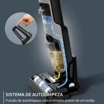 Aspirador vertical preto com azul e botão de autolimpeza