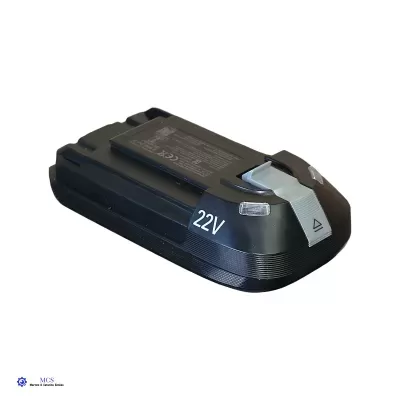 Bateria recarregável preta de 22V com botão cinza e texto no topo.
