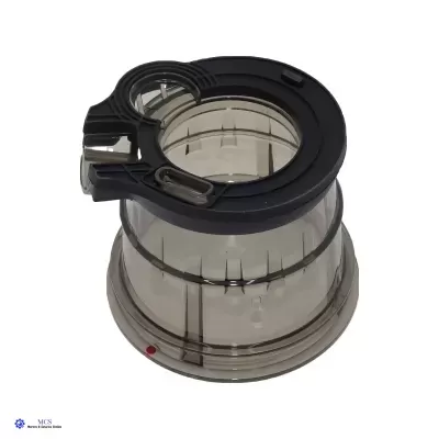 Recipiente plástico transparente com tampa preta e detalhe vermelho