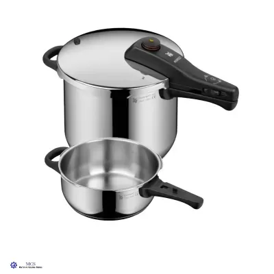 Conjunto de panela de pressão e caçarola em inox com alças e tampa preta