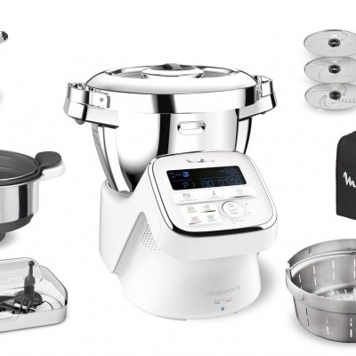 Robot de cozinha branco com acessórios, panelas em inox, raladores, conjunto de facas e mala preta