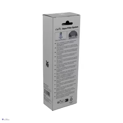Embalagem cinza clara do sistema de filtro de água clariT+ da WMF com texto e imagens ilustrativas
