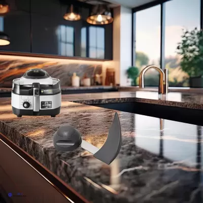 Cozinha moderna com bancada de pedra, robot de cozinha metálico e faca com lâmina curva