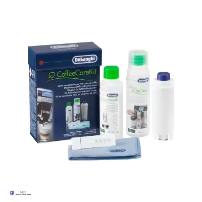 Conjunto CoffeeCareKit da DeLonghi com frascos, filtro e pano, caixa azul escura