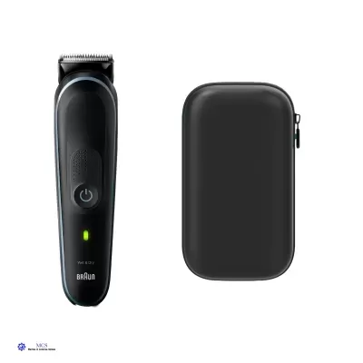 Aparelho de barbear elétrico preto Braun com estojo preto ao lado