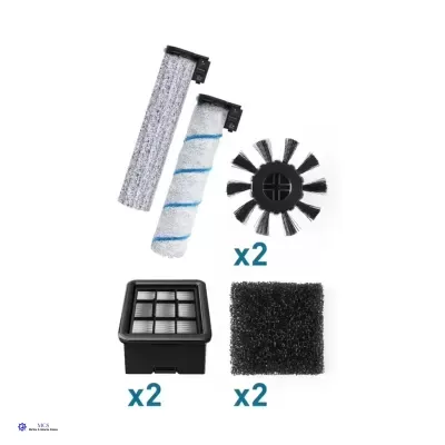 Conjunto de filtros e escovas para aspirador em fundo branco