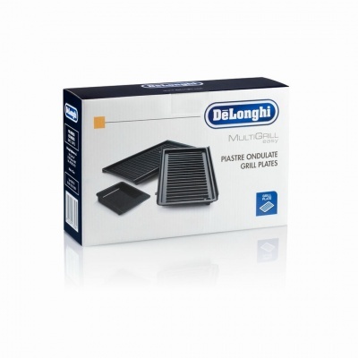 Caixa DeLonghi com placas de grelha ondulada e bandeja preta