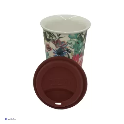 copo reutilizável cerâmica com padrão floral e tampa silicone vermelha