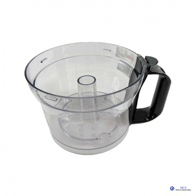 Recipiente plástico transparente com pegador preto e marcações de medição