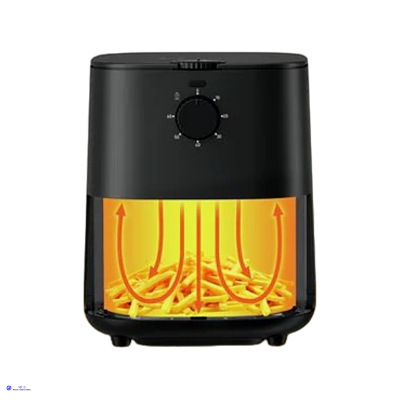 Fritadeira elétrica preta com temporizador e batatas fritas dentro