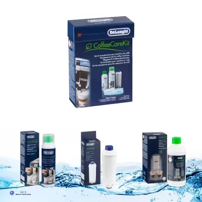 Kit de manutenção e limpeza para máquinas de café DeLonghi com embalagens azuis e imagens de máquina e água
