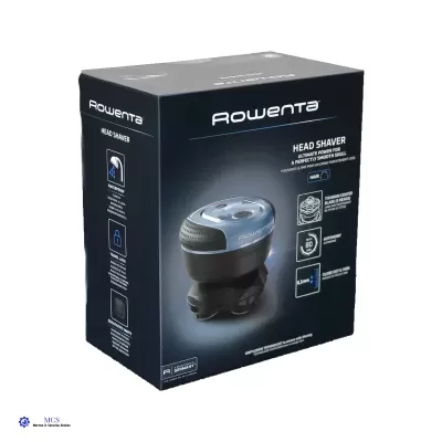 Caixa preta com a imagem de uma máquina de barbear elétrica Rowenta Head Shaver