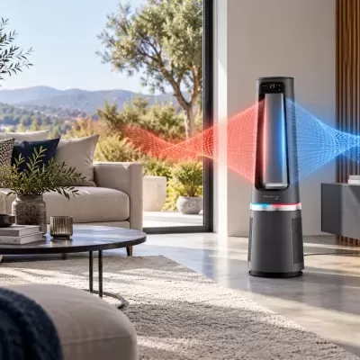 Aparelho de climatização preto com painel digital num ambiente de sala moderna