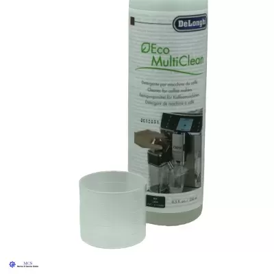 Detergente Eco MultiClean da DeLonghi com copo opaco branco ao lado