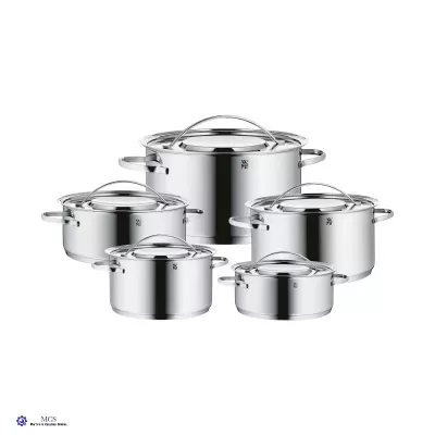 Conjunto de 5 panelas de inox com tampas de vidro e pegas