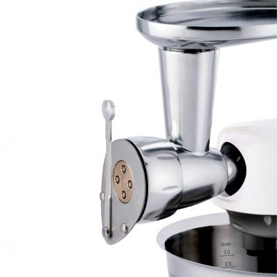 Moedor de carne metálico e branco com prato superior e tigela inferior