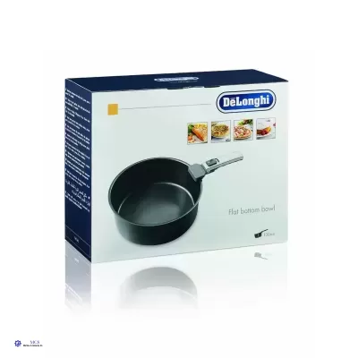 Caçarola DeLonghi preta com cabo cinza na caixa branca com logotipo DeLonghi