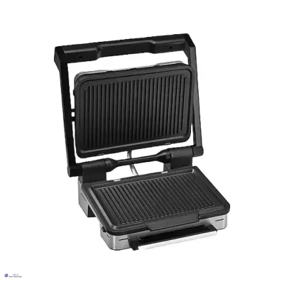Máquina de sanduíches preta com placas ranhuradas e estrutura metálica