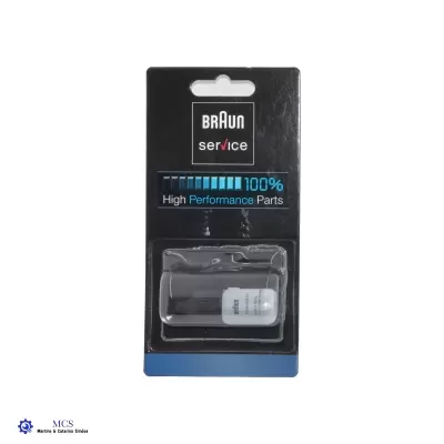 Embalagem preta BRAUN service com frasco branco plástico pequeno dentro de blister transparente.