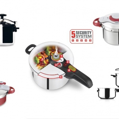 Conjunto de panelas de pressão em aço inox e alumínio vermelho e cinza com tampas de segurança