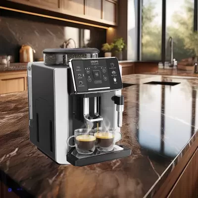 Máquina de café expresso automática Vispresso A45 numa cozinha moderna sobre bancada de mármore