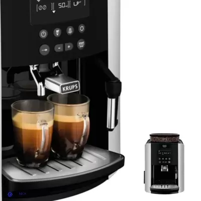 Máquina de café expresso KRUPS preta e prata com duas chávenas de vidro com café