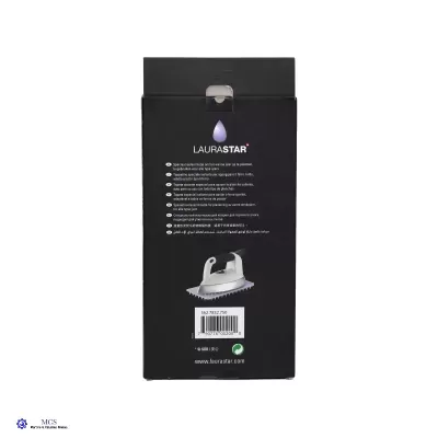 Parte traseira da embalagem preta do produto Laurastar com texto, logotipo e imagem do ferro de engomar.