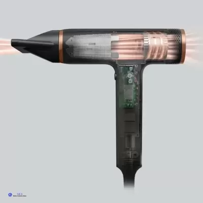 Secador de cabelo transparente com componentes visíveis e ponta concentradora preta