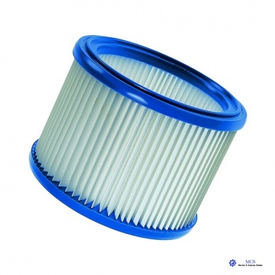 Filtro cylindrical com estrutura em plástico azul e material filtrante pleatado branco