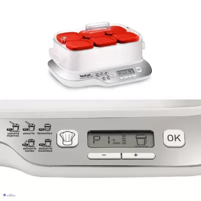 Máquina de fazer iogurtes Tefal branca com copos vermelhos e painel digital
