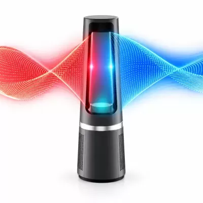 Aparelho de ventilação e aquecimento preto com fluxo de ar vermelho e azul digitalizado