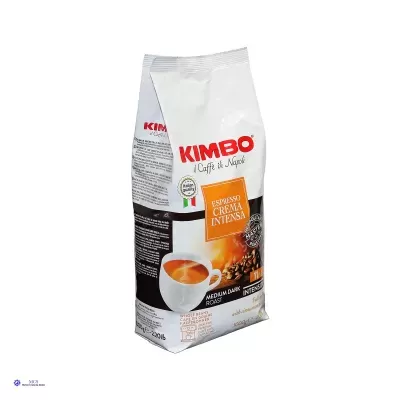 Pacote de café Kimbo ESPRESSO CREMA INTENSA com imagem de chávena de café e grãos