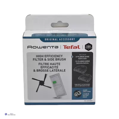 Embalagem de acessório Rowenta Tefal com filtro e escova lateral para aspirador.