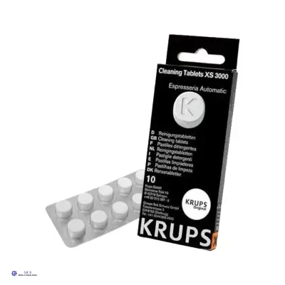 Pacote preto de comprimidos de limpeza KRUPS com comprimidos brancos visíveis