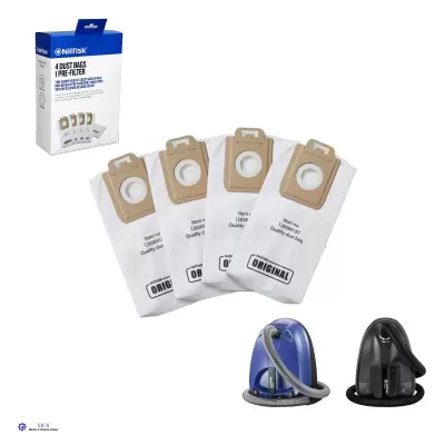 sacos de pó Nilfisk em papel branco com abertura circular bege, caixa azul e branca, ao lado dois aspiradores azul e preto