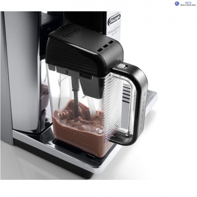 Máquina de chocolate quente DeLonghi com recipiente transparente e tampa preta