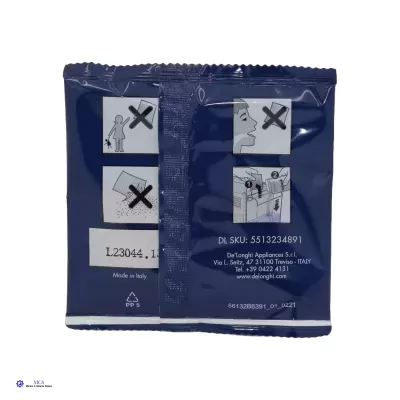 Pacote plástico azul escuro com instruções ilustradas e texto da marca DeLonghi